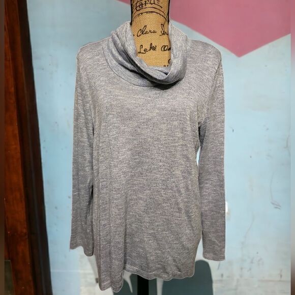 Chicos Cowl Neck Light Blue Hi-lo Glimmer Sweater Size 2 Large - Picture 1 of 6